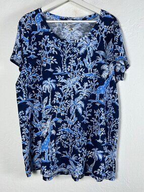 Lilly Pulitzer Women Round Neck Blue Palm Print Tunic Top XXL Short Sleeve NWOT